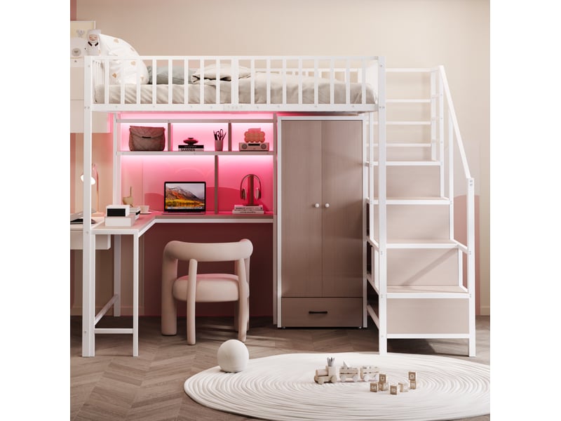  Lit mezzanine enfant 140x200 cm – blanc – bureau, armoire, rangements, led, usb et type-c intégrés  - Conforama B