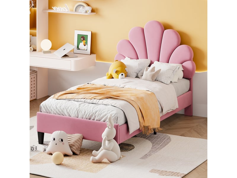  Modenvie lit enfant capitonné 90x200 cm - tête de lit fleur, sommier inclus, sans matelas - rose  - Conforama B
