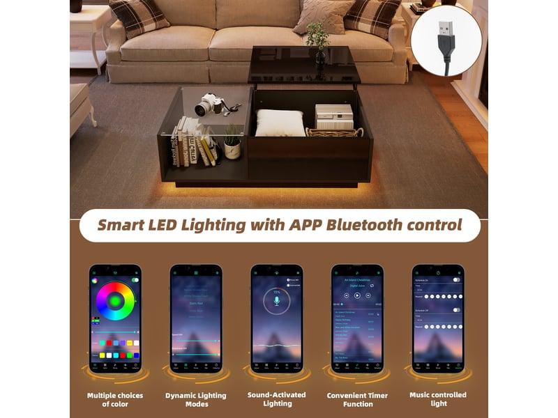 Table basse relevable noire avec led et rangement caché, 100x50x33 cm, panneaux de particules, finition brillante - Conforama D