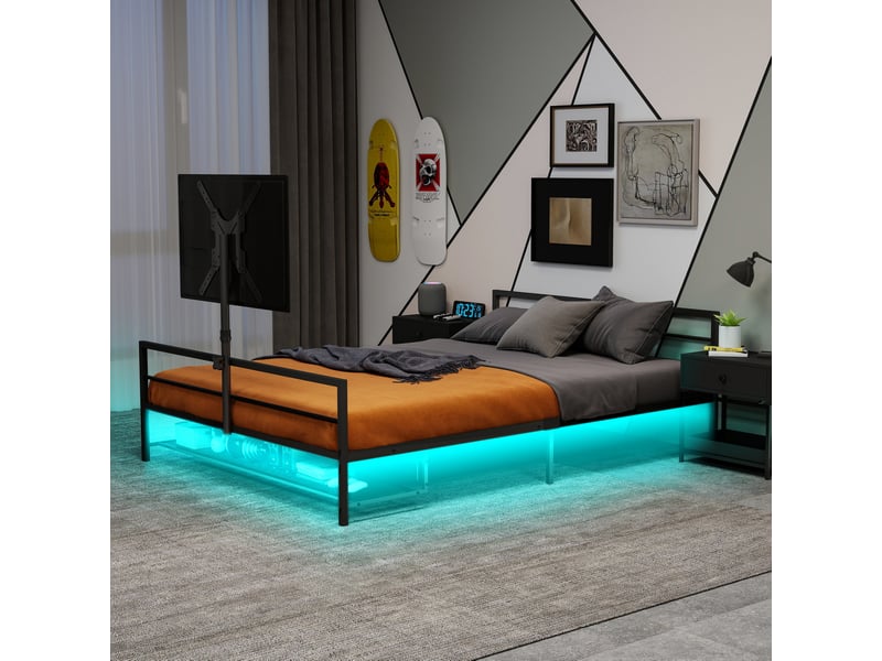  Lit gaming 90 x 200 cm noir en métal, support de moniteur réglable, led et panier de rangement  - Conforama B