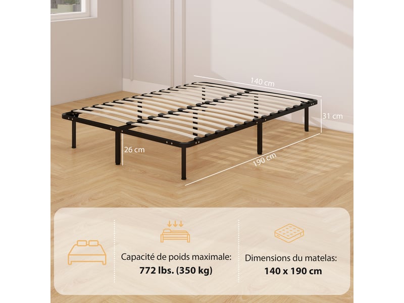  Cadre de lit 140 x 190 cm, lit 2 personnes en bois massif avec sommier à lattes et pied, noir, rangement au-dessous  - Conforama C