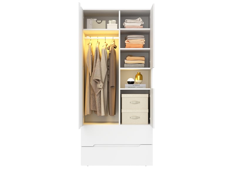  Armoire 90x50x200 cm 3 portes avec led, 2 tiroirs et penderie blanc  - Conforama A
