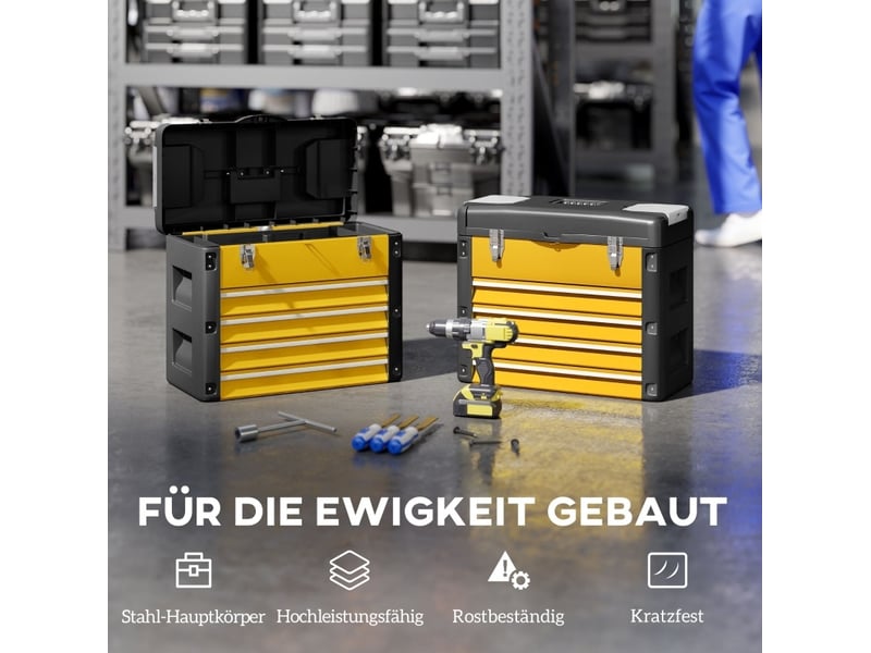  Boîte à outils vide 49,7x25,3x40,7 cm avec 4 tiroirs, métal, jaune  - Conforama E