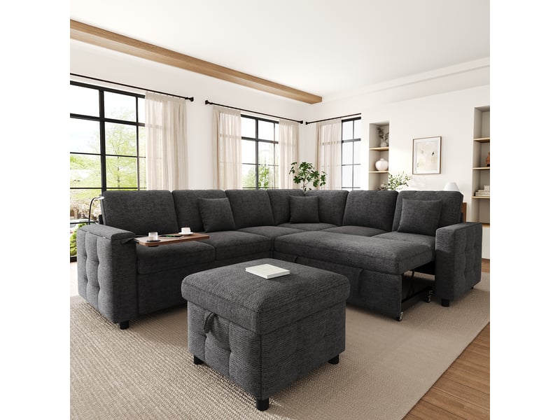  Canapé d'angle convertible 7 places en tissu chenille gris, canapé-lit avec fonction couchage, ports usb et espace de rangement  - Conforama W