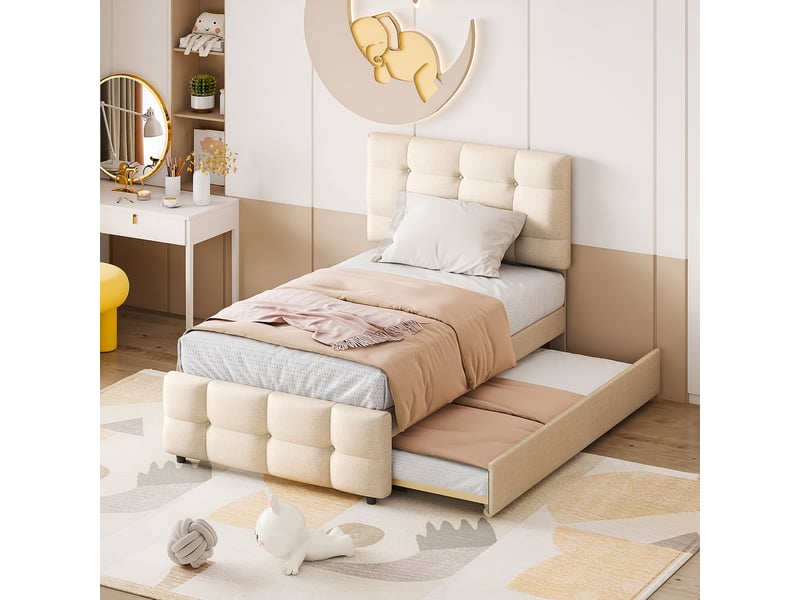  Lit enfant rembourré 90 x 200 cm avec couchage gigogne - tête réglable, tissu lin beige  - Conforama R