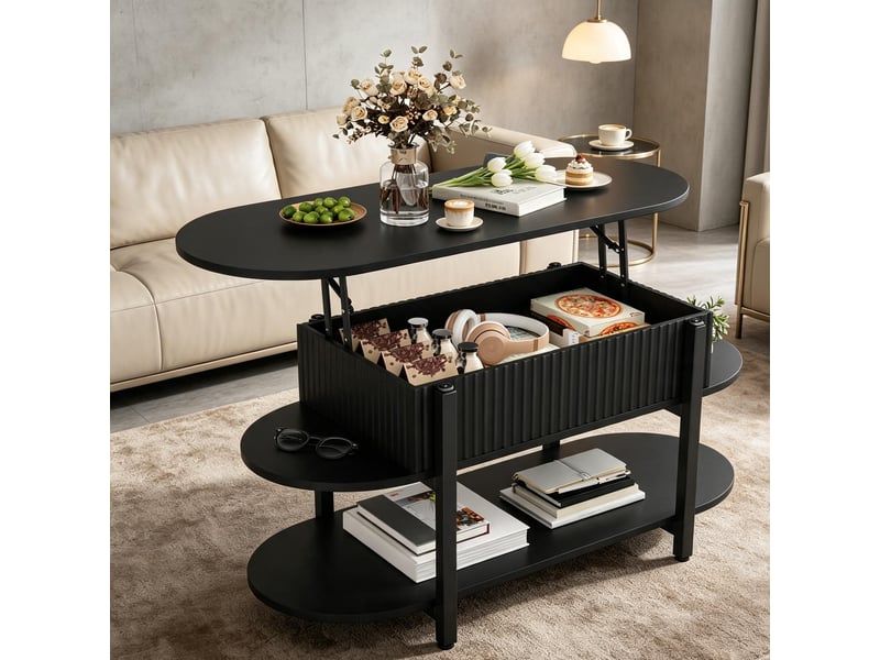  Table basse relevable – plateau ovale – rangement intégré –  design moderne – noir  - Conforama B