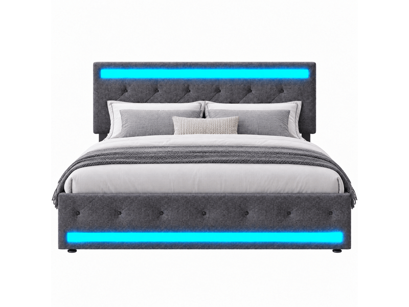  Lit double 180x200 avec led et tiroir, lit capitonnée avec 4 tiroirs cadre de lit avec rangement et tête de lit rembourrée lit 2 personnes avec usb pour adultes et adolescents tissu en lin, sans matelas  - Conforama A
