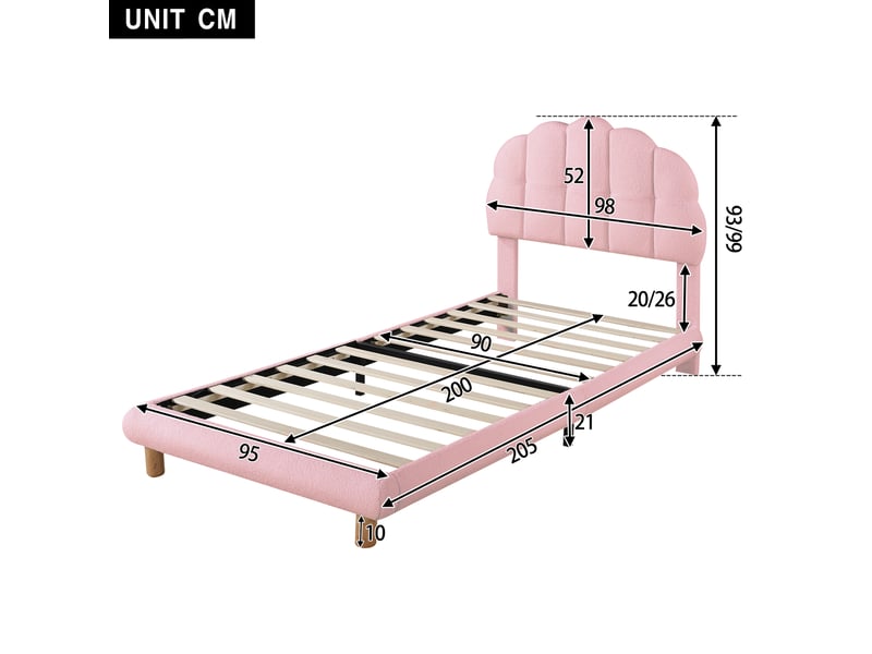  Lit simple enfant 90x200cm capitonné, sommier à lattes bois, imitation non-tissé, style élégant, rose  - Conforama B