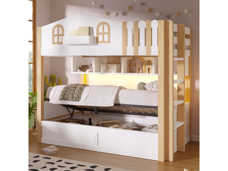  Lit superposé 90 x 200 cm style maison avec coffre hydraulique, led, niche ouverte et échelle réversible, sans matelas, mdf et pin, blanc et chêne OMNIGLINT TRADING LTD - Conforama C
