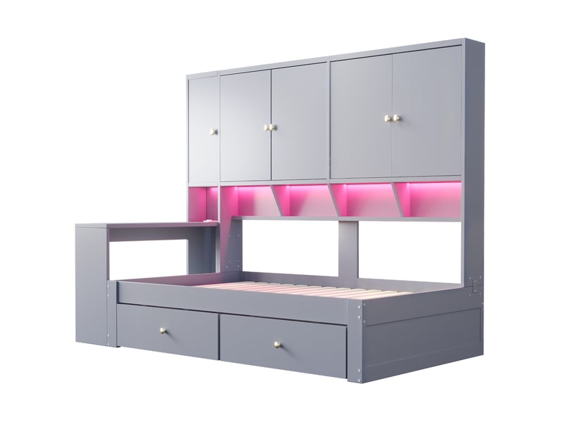 Lit combiné 90 x 200 cm gris en mdf, avec bureau intégré, rangements, led et prises électriques pour chambre - Conforama D