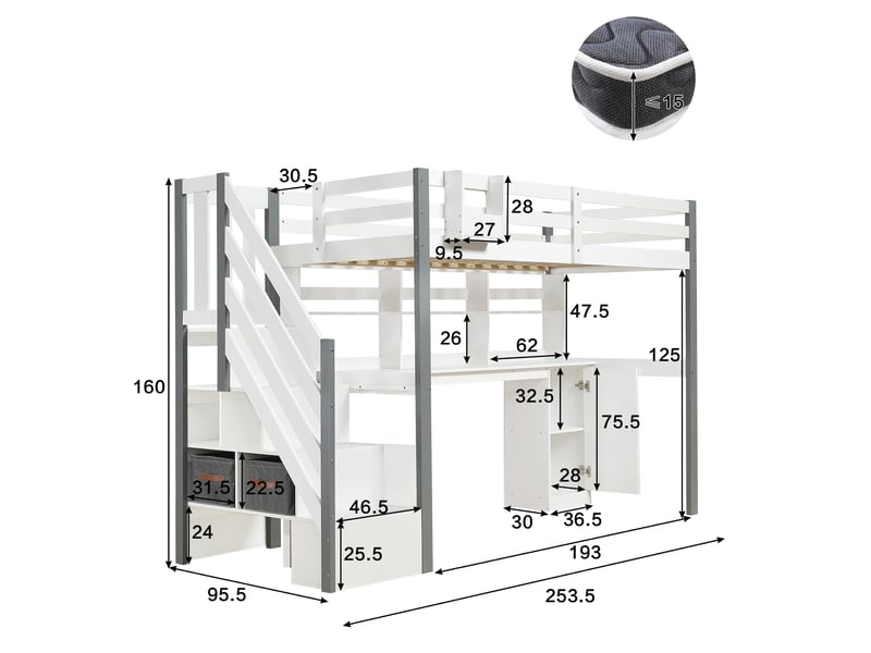  Lit mezzanine 90x200 cm avec bureau, lit enfant avec rangements escalier et bacs en tissu, structure en bois de pin massif et mdf, blanc  - Conforama E