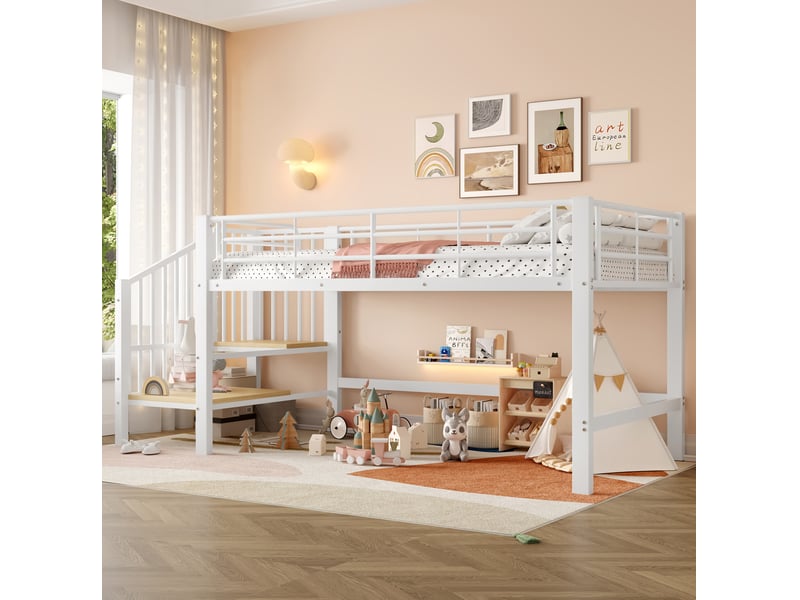 Lit mezzanine enfant mi-hauteur avec escalier de rangement, 90 x 200 cm, blanc  - Conforama C