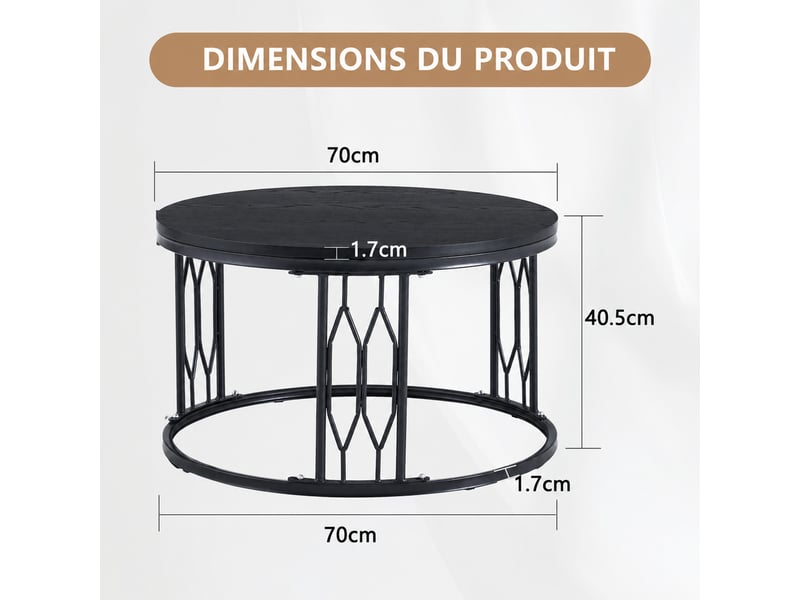  Table basse ronde noire – plateau mdf effet bois et structure en acier – ø 70 x h 40,5 cm  - Conforama D