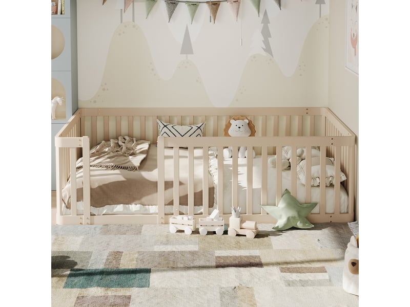  Lit enfant cadre bois 90x200 cm crème barrière  - Conforama B