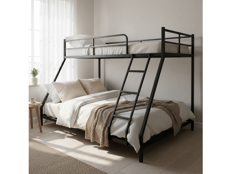  Lit superposé 200x140x137 cm avec échelle et garde-corps métal noir sans matelas  - Conforama D
