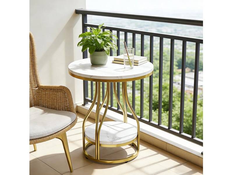  Table d'appoint ronde 50x50x59 cm 2 niveaux panneau de particules et métal blanc et or  - Conforama B