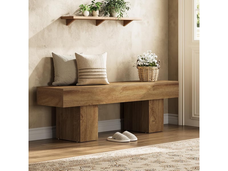  Banc de salle à manger de 55 pouces, banc d'entrée en bois style ferme avec pieds robustes, banc d'intérieur pour chambre, salle à manger, cuisine ou couloir, marron clair  - Conforama B