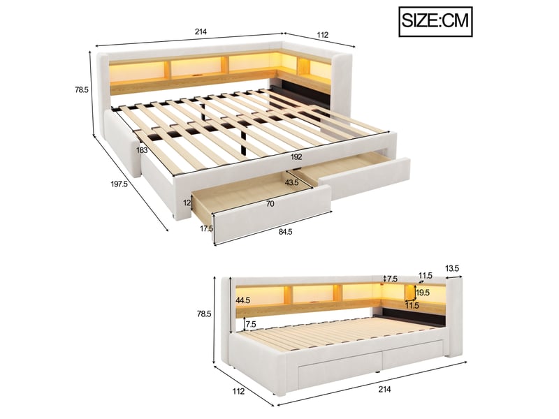  Lit gigogne 90x200 cm en velours beige et gris, led, prise et tiroirs, extensible en 180x200 cm, sans matelas  - Conforama C