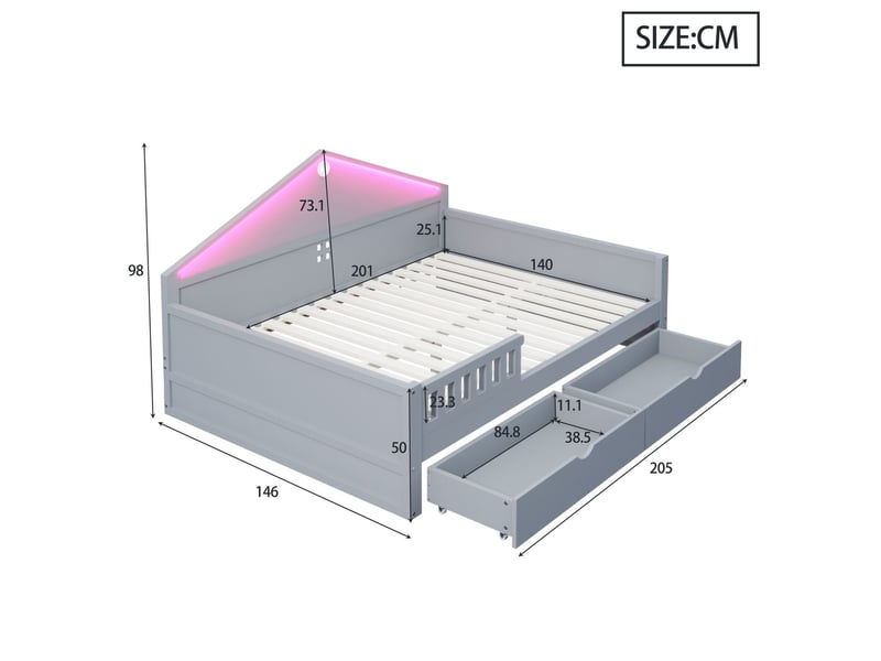  Lit avec tiroirs 140 x 200 cm lit rangement bande lumineuse intégrée tiroirs de rangement coloris gris  - Conforama C