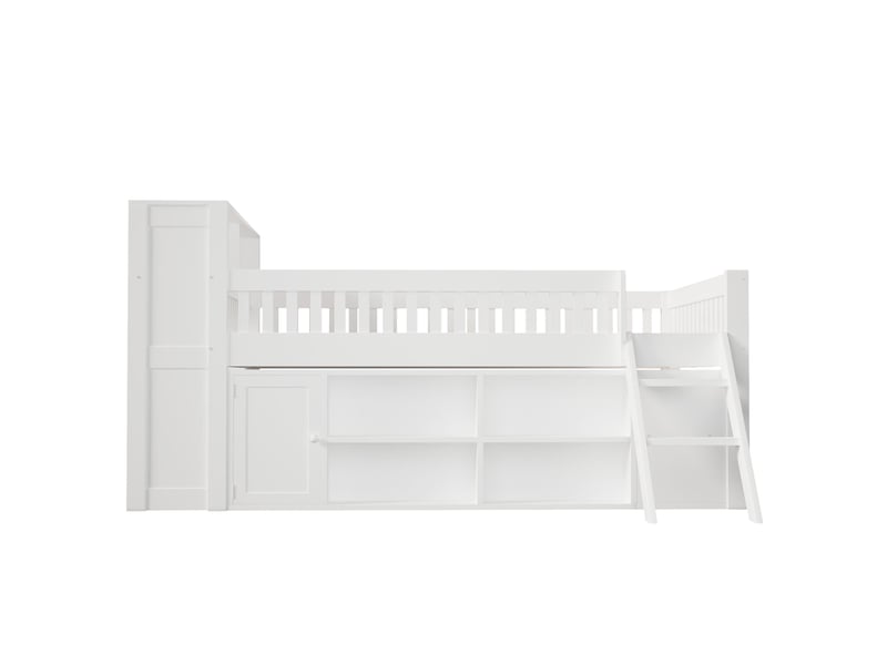  Lit enfant en bois, 140 × 200 cm, lit mezzanine avec éclairage led et espace de rangement, blanc  - Conforama A