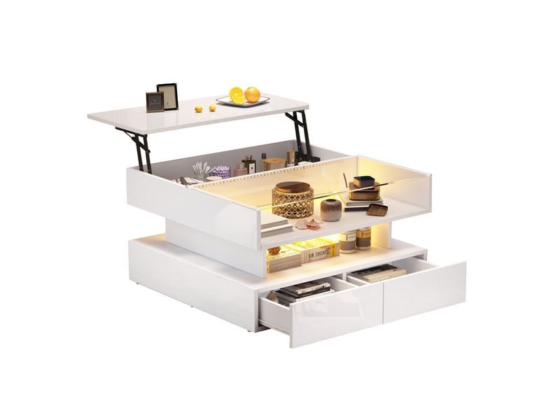  Table basse relevable carrée 80x80cm, table basse blanche brillante avec led, plateau en verre trempé et rangement caché  - Conforama A