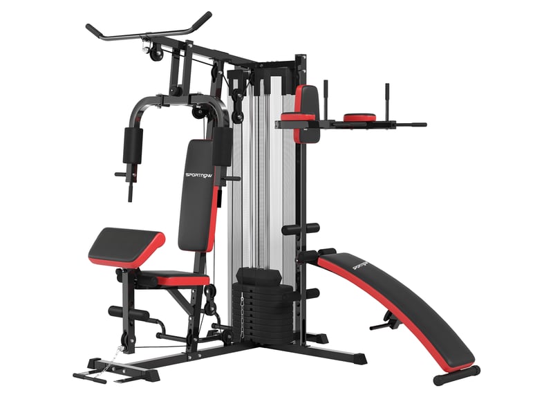 Station de musculation - banc, développé couché, butterfly, barre latissimus et traction, curler, bande résistance, 10 contrepoids - rouge - Conforama A