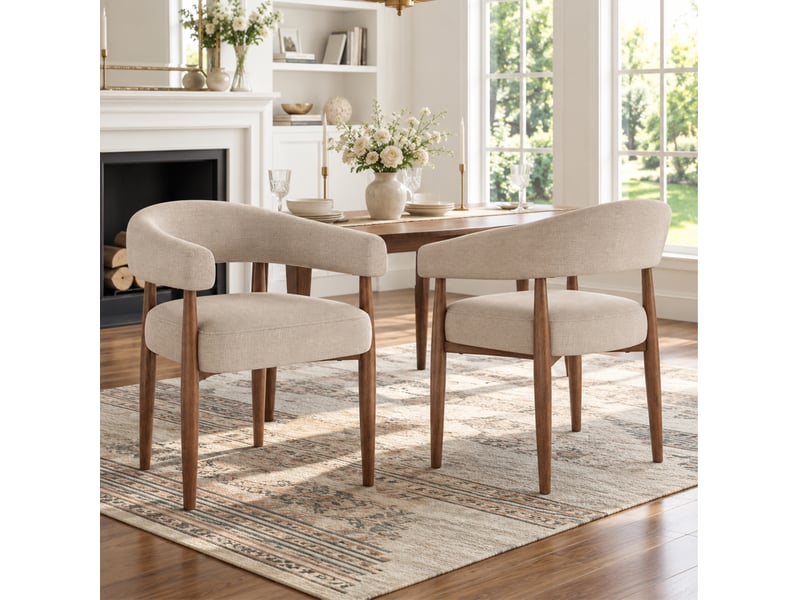  Lot de 2 chaises de salle à manger avec accoudoirs en chenille taupe, aspect noyer  - Conforama C