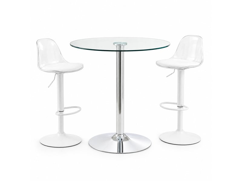  Ensemble bar moderne avec table ronde en verre 89 cm et 2 tabourets transparents réglables et pivotants à 360°  - Conforama A