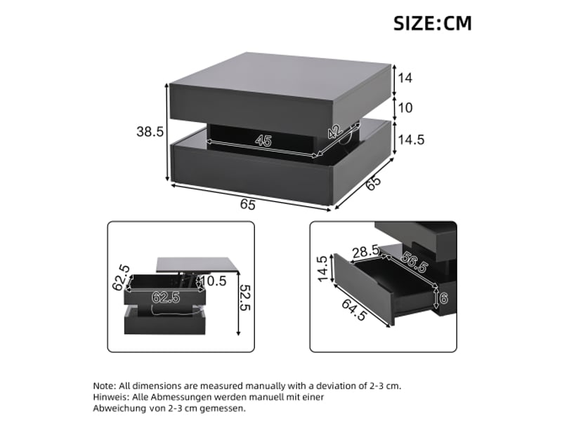 Table basse relevable noire 65x65 cm – led, 2 tiroirs, design géométrique, rangement caché - Conforama C