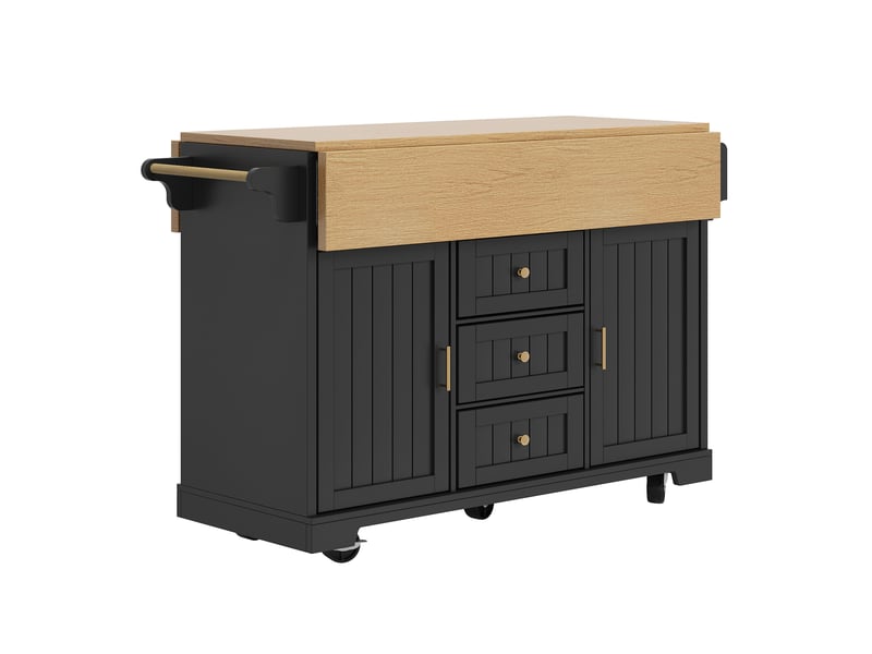  Desserte de cuisine 120x40x95 cm noire en mdf et métal, plateau rabattable et rangement sur roulettes  - Conforama D
