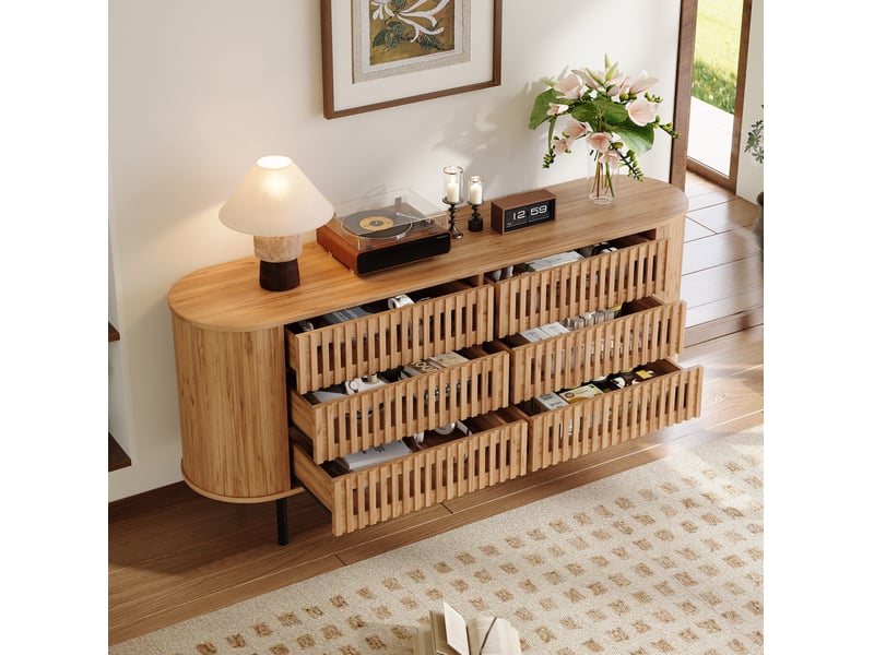 Buffet et enfilade 6 tiroirs, design ajouré à lamelles, pieds en métal, pour salon ou entrée, couleur naturelle 160 × 40 × 70 cm - Conforama E