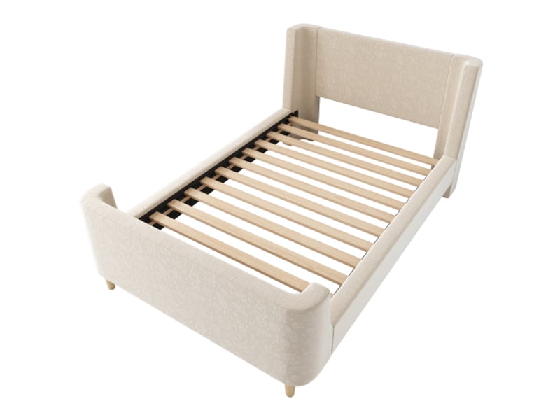 Lit enfant 90x200 cm, design luge et motif spatial, avec tête de lit et lattes, en tissu, beige, sans matelas  - Conforama E
