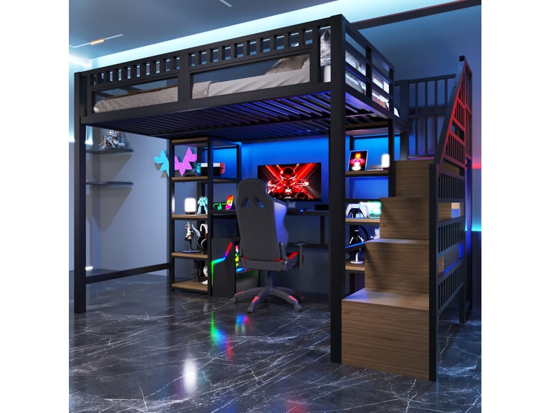  Lit mezzanine 140 x 200 cm noir avec bureau, escalier de rangement, led et usb  - Conforama E