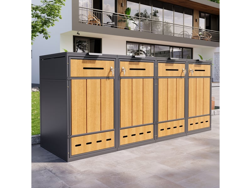  Abri poubelle 4 bacs avec couvercles rabattables et portes avant - en acier gris et décor bois  - Conforama C