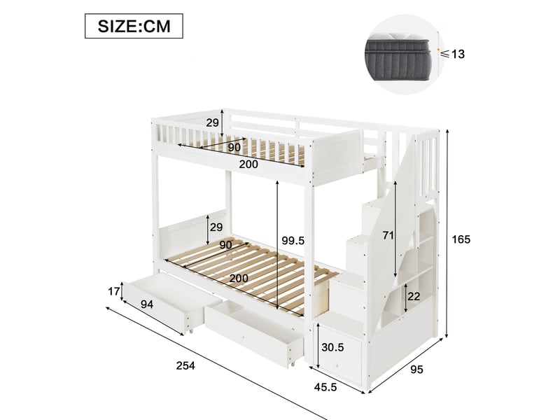  Lit superposé enfant 90x200 cm avec escalier de rangement et 2 tiroirs, blanc  - Conforama E