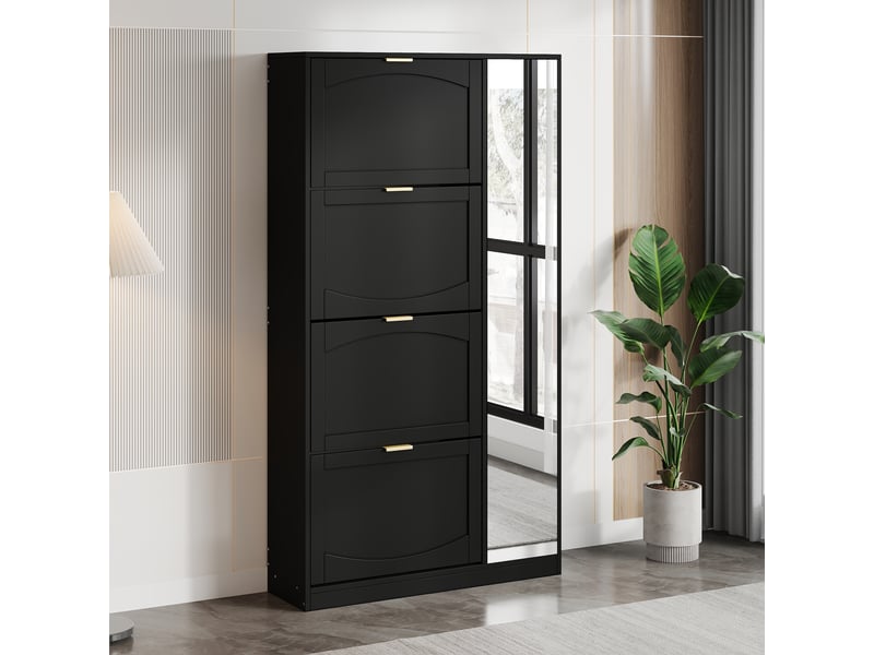  Meuble à chaussures avec miroir, 80x24x147 cm,  4 abattants, noir  - Conforama B