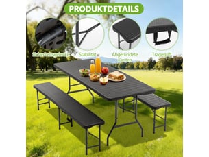 Set pique-nique pliable,180x74x43 cm,3 pièces,plastique,noir