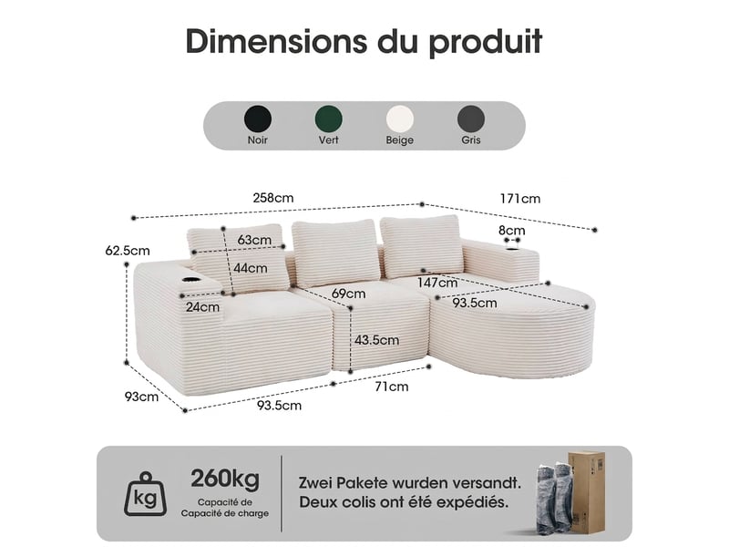  Canapé 2 places velours côtelé beige avec porte-gobelets 265 cm - compact et assise moelleuse  - Conforama C
