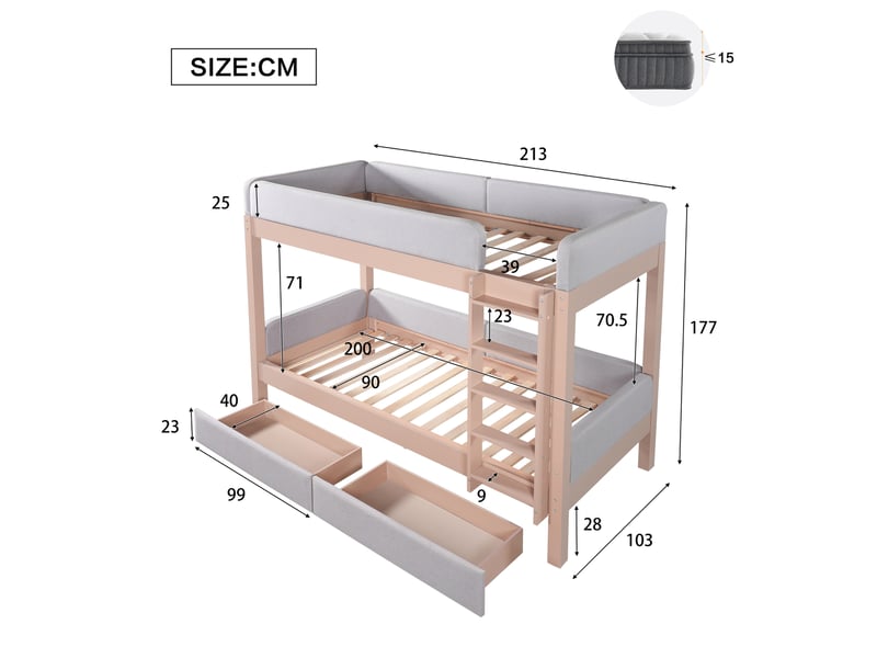  Lit superposé enfant 90x200 cm, rangement, 2 tiroirs, escalier à 4 marches, structure mdf, gris naturel, sans matelas  - Conforama C