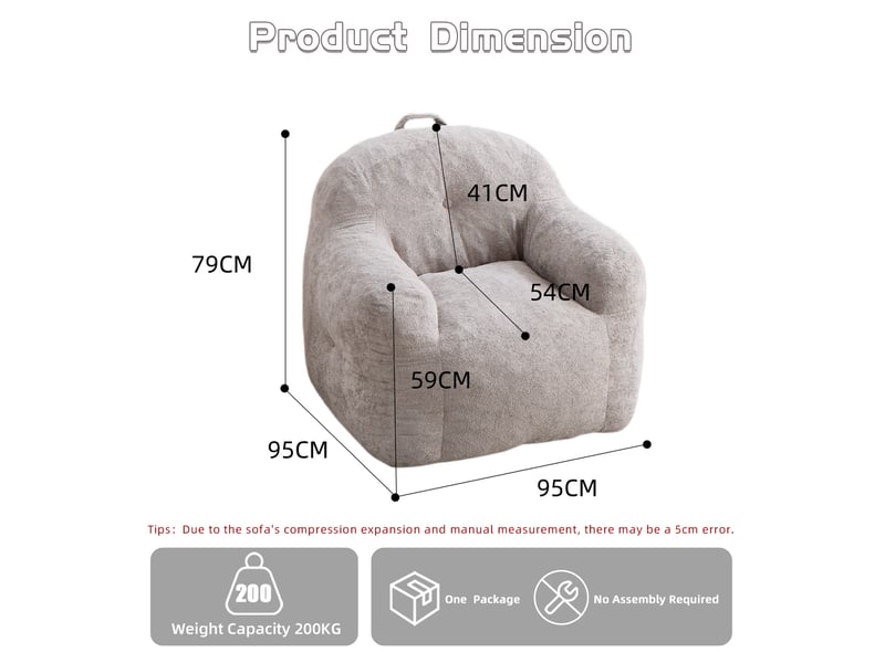  Fauteuil poire avec accoudoirs 95x95 cm – gris clair – simili fourrure et mousse déchiquetée, sans montage  - Conforama C