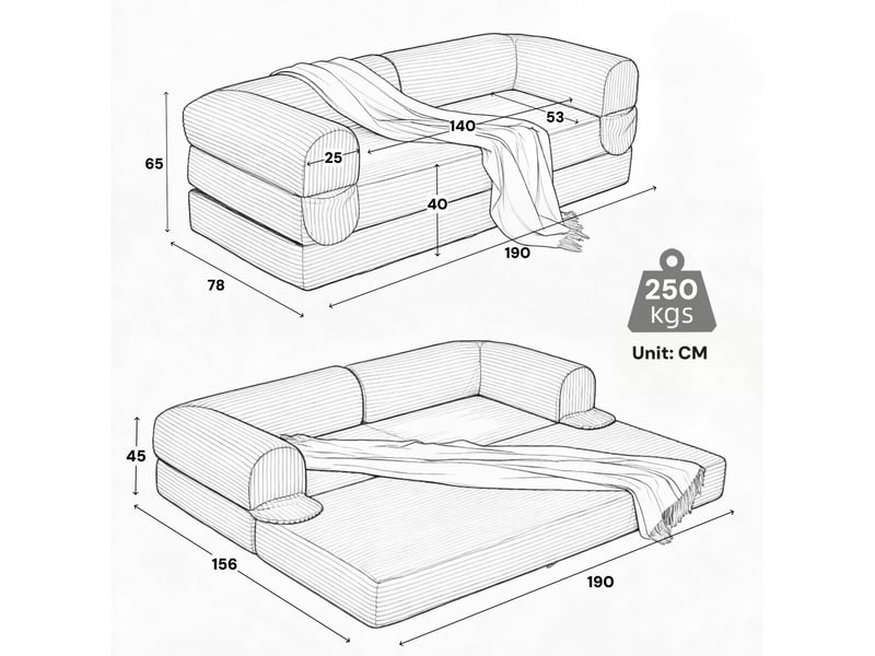  Canapé-lit 2 places convertible en lit double, velours côtelé noir, 190 cm  - Conforama C