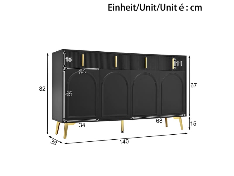  Buffet 140 x 38 x 82 cm, 4 portes, 4 tiroirs, étagère amovible, grand rangement pour salon et salle à manger, noir evarich - Conforama C