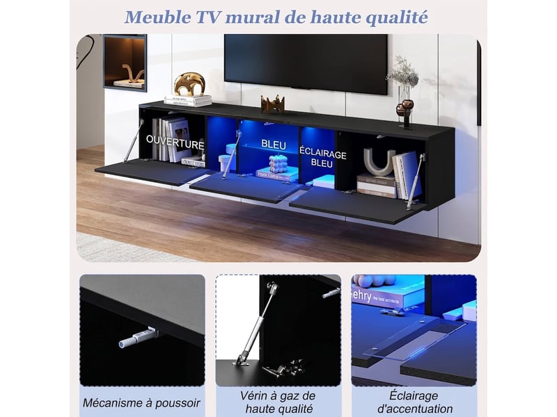  Meuble tv suspendu 180 cm noir brillant avec éclairage led app, 3 portes abattantes, supporte écran 75 pouces, 180x35x30 cm  - Conforama R