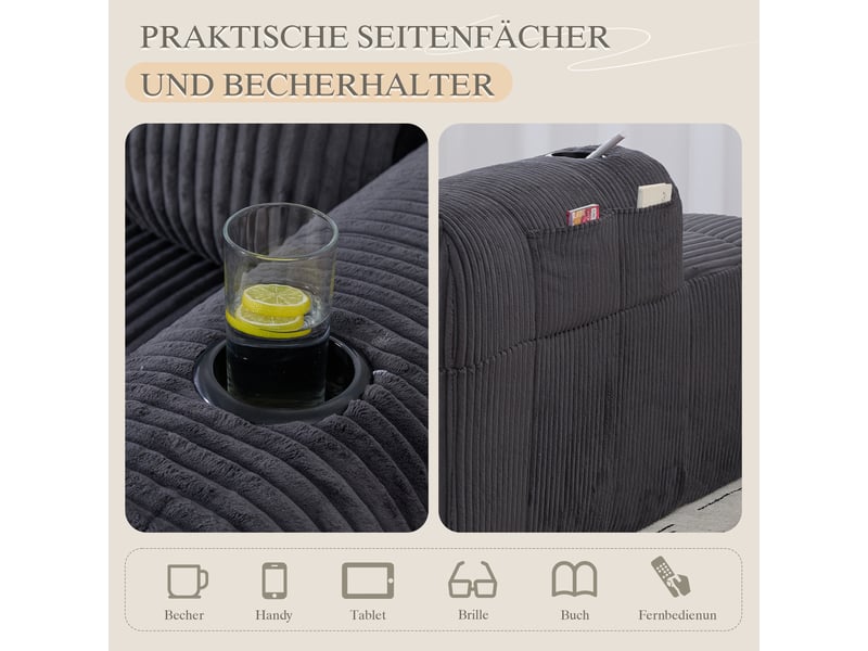 Canapé 2 places en velours côtelé gris foncé avec porte-gobelets intégrés et poches latérales pratiques - Conforama R