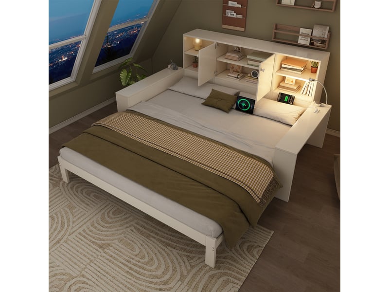 Lit gigogne 90x200 cm - lit extensible 2 places - usb et usb-c - tête de lit avec rangement - lit de jour - bois - blanc - Conforama W