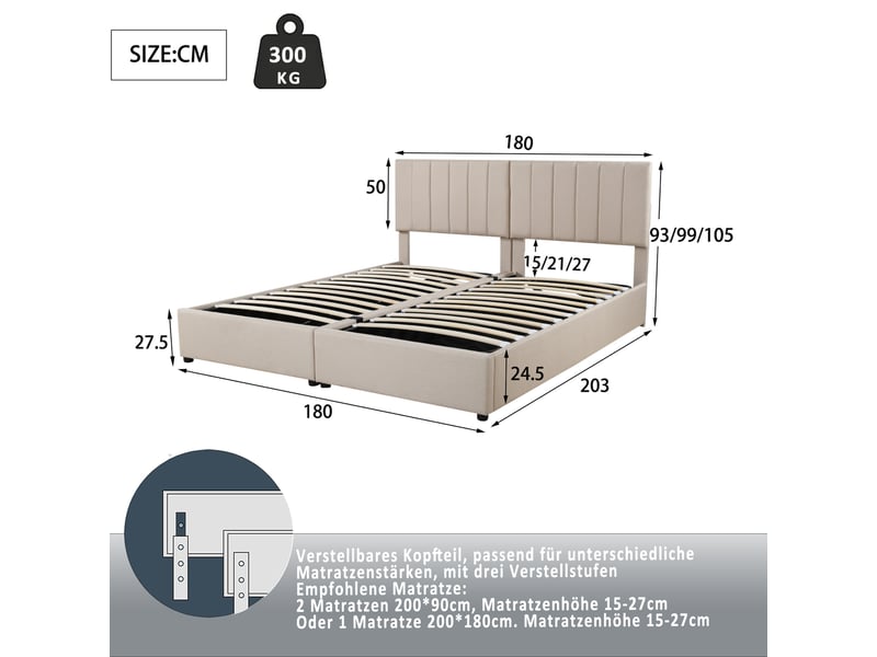 Lit coffre 180x200 cm, lit enfant capitonné hydraulique en lin beige, sans matelas - Conforama C