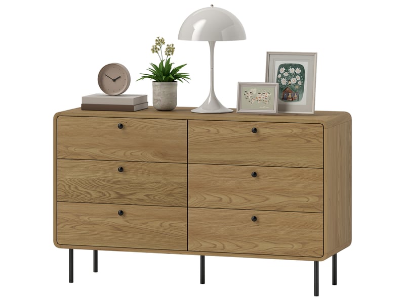  Commode 6 tiroirs meuble de rangement style moderne arrondis coins et pieds en acier 120 x 40 x 75cm effet bois de chêne  - Conforama B