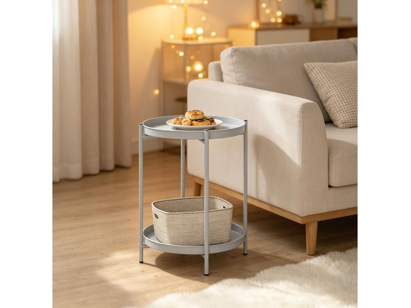 Table d'appoint ronde à 2 plateaux amovibles en métal gris clair, 44x44x53 cm - Conforama C