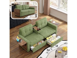 Canapé droit convertible 2 places vert en tissu, avec rangement, tables d’appoint réglables et porte-gobelets intégrés