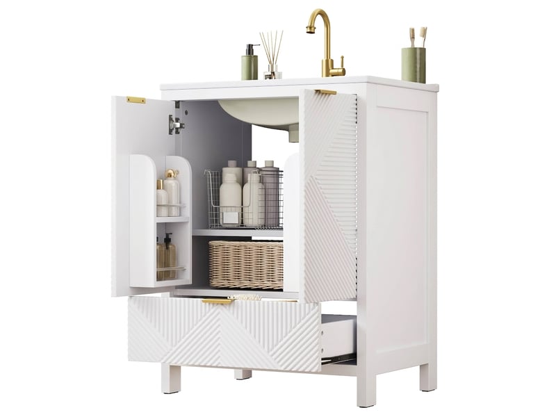  Meuble salle de bain sur pied 61 cm blanc avec vasque en céramique et tiroir, façade ondulée  - Conforama A
